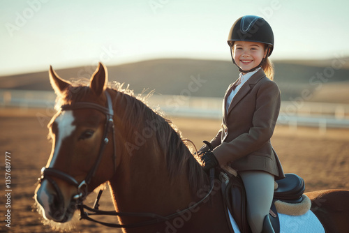 Happy girl kid wearing horseriding helmet at lesson on riding a horse