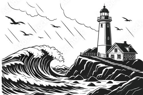 29 lighthouse in stormy sea, dramatic waves crashing, black and white illustration, detailed ink drawing, vintage nautical style, high contrast, birds flying, turbulent ocean, maritime scene, monochro