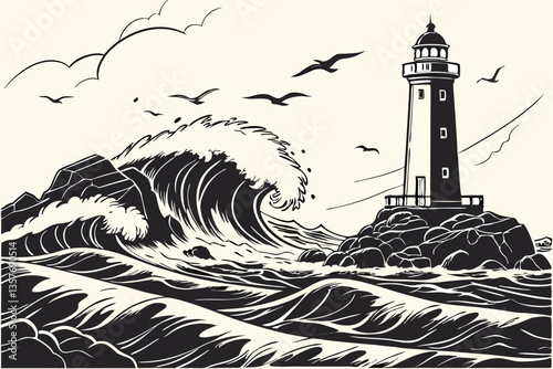 29 lighthouse in stormy sea, dramatic waves crashing, black and white illustration, detailed ink drawing, vintage nautical style, high contrast, birds flying, turbulent ocean, maritime scene, monochro