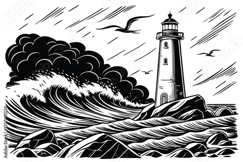29 lighthouse in stormy sea, dramatic waves crashing, black and white illustration, detailed ink drawing, vintage nautical style, high contrast, birds flying, turbulent ocean, maritime scene, monochro