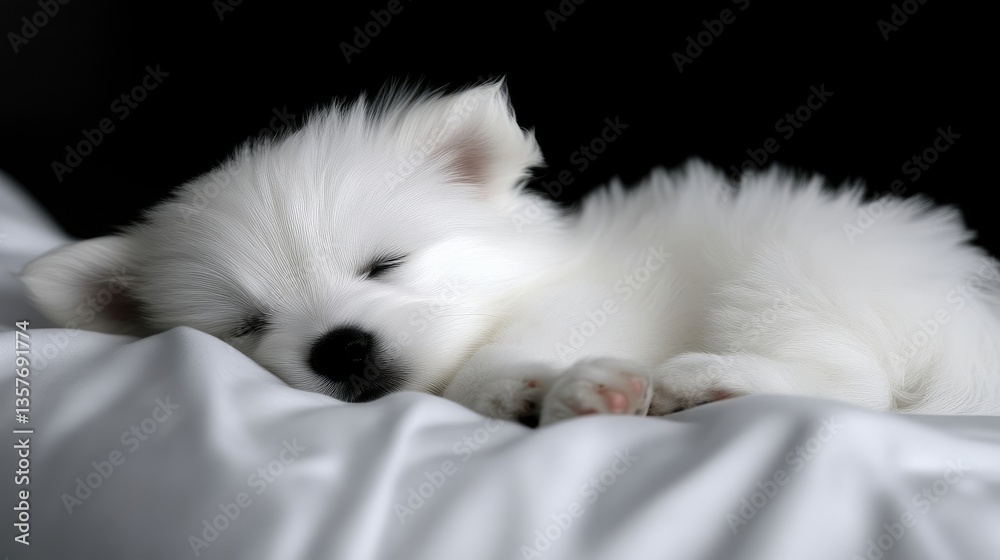 Fototapeta premium Fluffy white puppy sleeping peacefully on a pillow