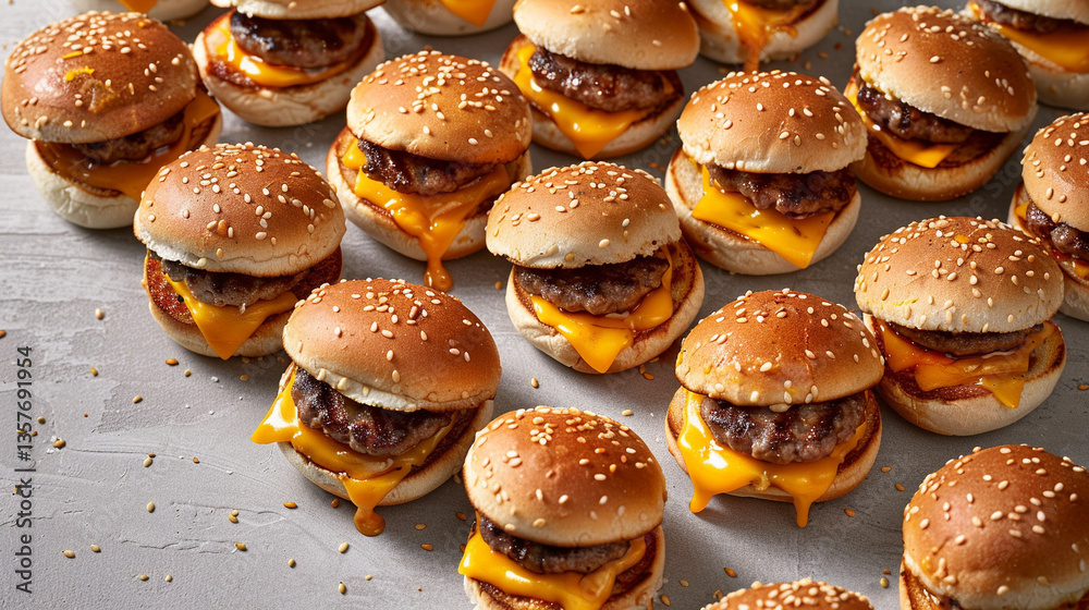 Mini burgers arranged in diagonal composition, slider-style presentation, ideal for party or catering platters Mini burgers arranged in diagonal composition, slider-style presentation, ideal for party or catering platters