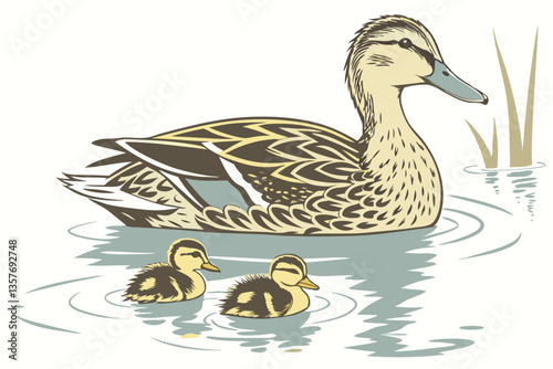 30 Photorealistic watercolor painting, mother duck with ducklings, swimming in calm water, soft pastel colors, detailed feathers, reflections in water, serene nature scene, wildlife illustration, tend