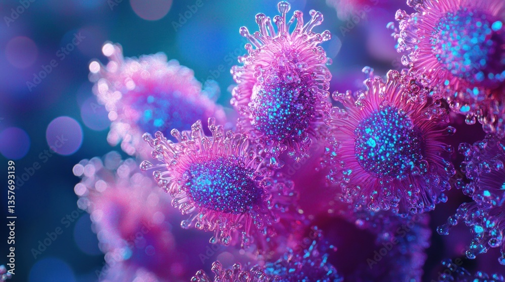 Abstract virus graphic, close-up, vibrant colors, bokeh background. Medical or scientific illustration Abstract virus graphic, close-up, vibrant colors, bokeh background. Medical or scientific illustration