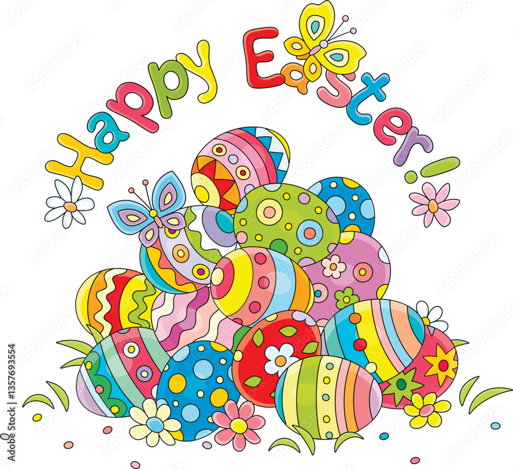 Obraz premium Easter card with a pile of colorfully painted gift eggs on a pretty lawn with spring flowers and merrily fluttering butterflies, vector cartoon illustration on a white background
