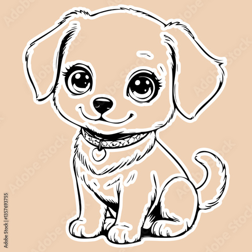 The cute puppy sticker, drawn in doodle style, looks charming and playful. It is drawn with simple, slightly careless lines, which gives the drawing lightness and funny dynamics.