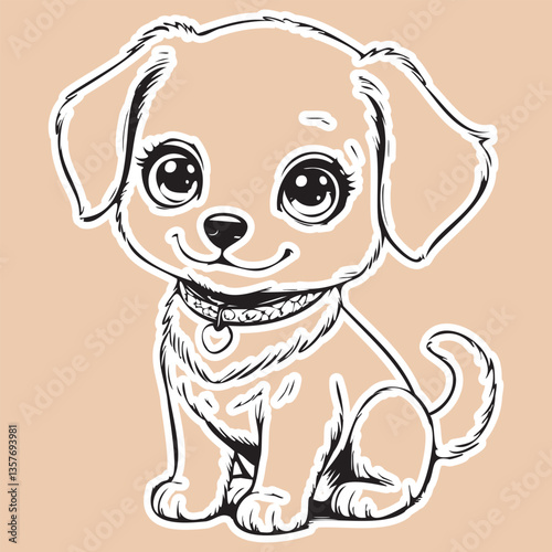 The cute puppy sticker, drawn in doodle style, looks charming and playful. It is drawn with simple, slightly careless lines, which gives the drawing lightness and funny dynamics.
