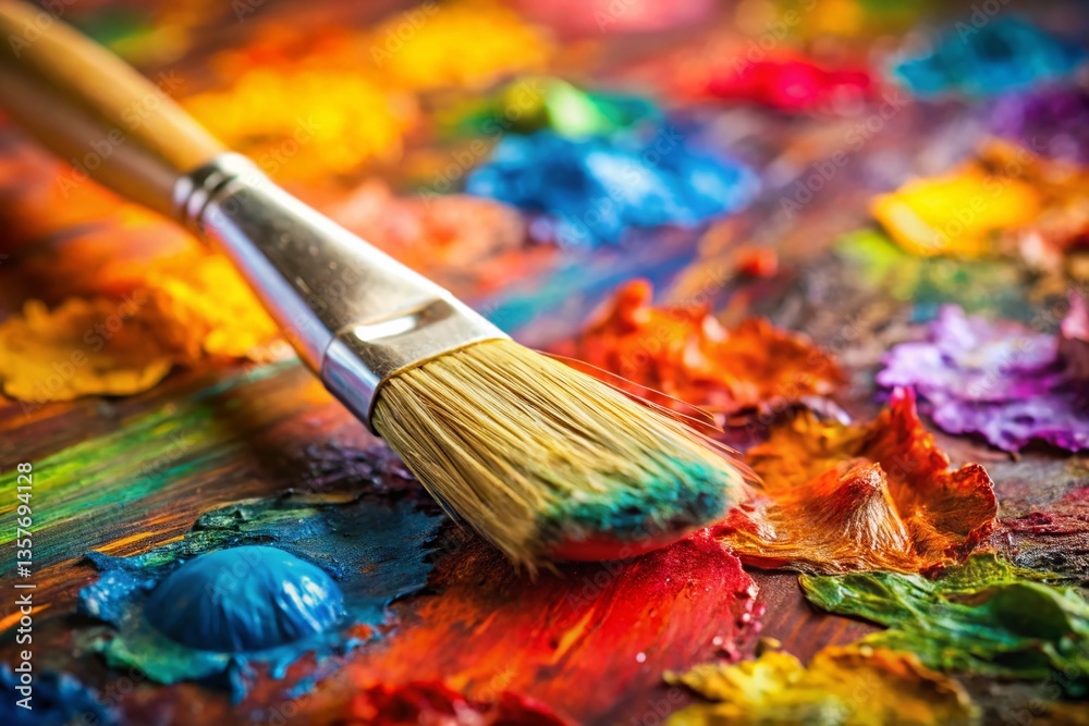 Obraz premium Paintbrush and Colorful Palette on White Background with Copy Space