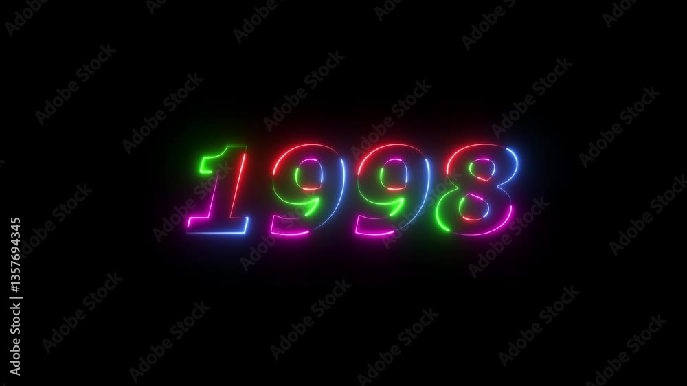 1998 neon line text. Abstract 1998 neon text animation ,For neon color Glowing neon number text background 4k video animation . 1998 title metal text on glowing text animation black background