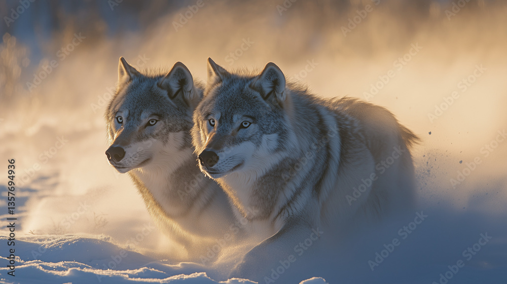 Obraz premium Two grey wolves are depicted in profile, moving through a snowy landscape. The image is softly focused, with a diffused, misty atmosphere giving a sense of movement. The light is warm, suggesting