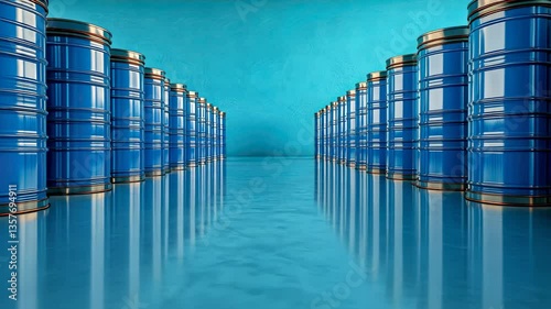 Symmetrical Rows of Blue Barrels in a Reflective Room: A Study in Industrial Aesthetics