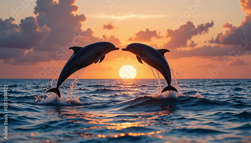 Two dolphins jump playfully in the ocean as the sun sets, casting warm colors across the water