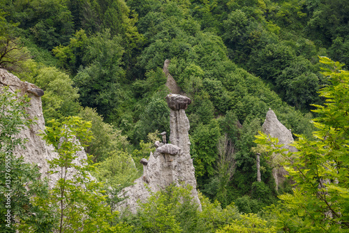 Rock formations, also known as fairy chimneys, earth pyramids, hoodoos, Piramidi di Zone, Italy