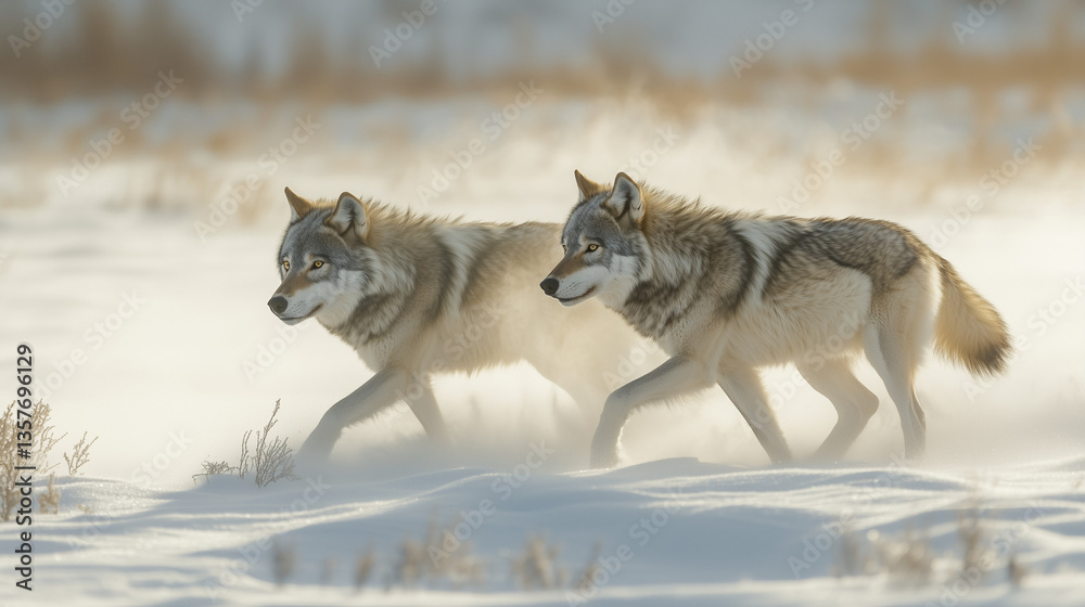 Obraz premium Two gray wolves are depicted walking through a snow-covered field. The image showcases a shallow depth of field with a soft focus on the background, highlighting the wolves in the foreground. The