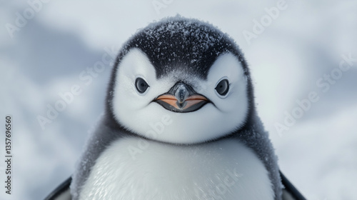 A detailed close-up shot of a young penguin chick. The image features a shallow depth of field, focusing sharply on the penguin's face and upper body. The penguin's plumage displays a mix of black