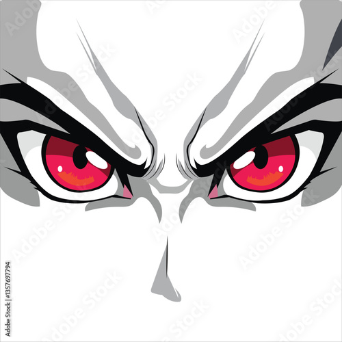 Intense Red Anime Eyes Vector Illustration with Angry Expression