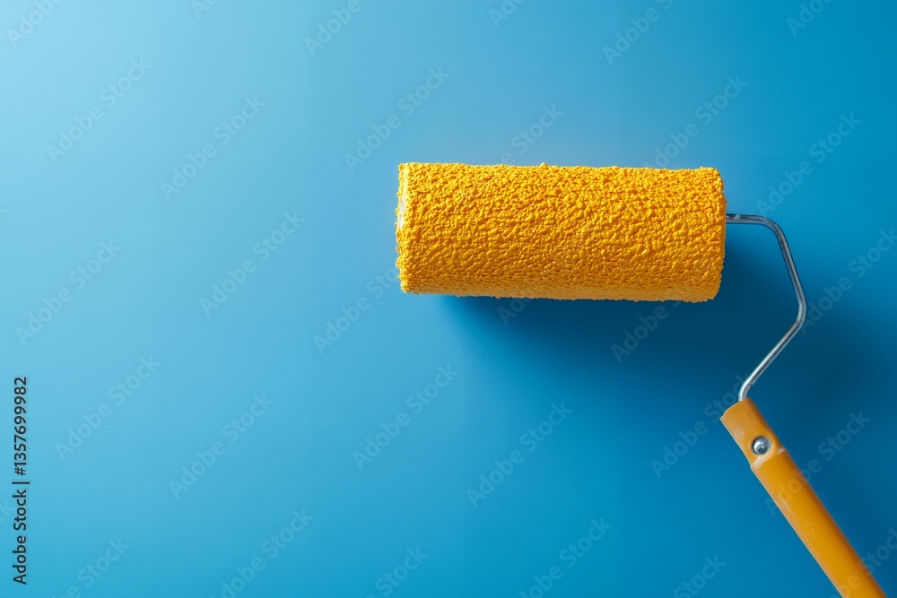 Obraz premium Yellow paint roller on blue background for creative interior design themes