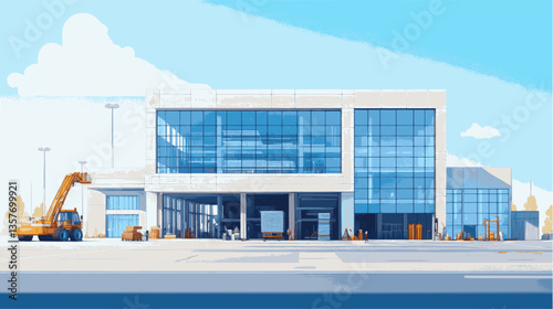 A large building with a crane in front of it. The crane is being used to lift a large object