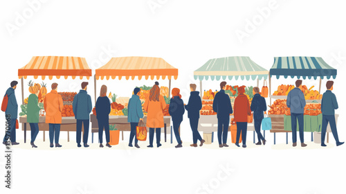 A group of people are shopping at a market. There are several people in the foreground and background, and they are all carrying bags. The market is filled with various fruits and vegetables