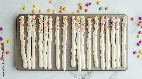 White chocolate dipped pretzel sticks aligned, crunchy sweet snack perfect for party treats, gifting boxes, and festive visuals