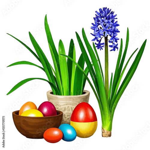 Festive Nowruz Greeting Card with Persian New Year Text, Painted Eggs, Haft-Sin Items, and Hyacinth Flowers – High-Quality PNG with Transparent Background and Clipping Path
