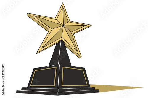 Golden Star Trophy On Black Pedestal, Front View, Isolated On White Background, Symbol Of Success, Recognition, Reward, Suitable For Business Awards, Celebrations, And Achievement Promotions