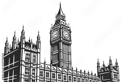 31 Big Ben silhouette, iconic London landmark, black and white illustration, detailed clock tower, Gothic architecture, symmetrical design, stark contrast, minimalist artwork, vector graphic style, ta