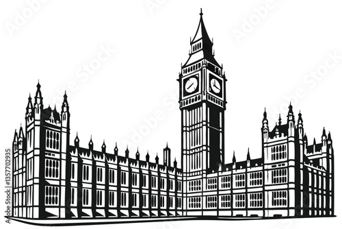31 Big Ben silhouette, iconic London landmark, black and white illustration, detailed clock tower, Gothic architecture, symmetrical design, stark contrast, minimalist artwork, vector graphic style, ta