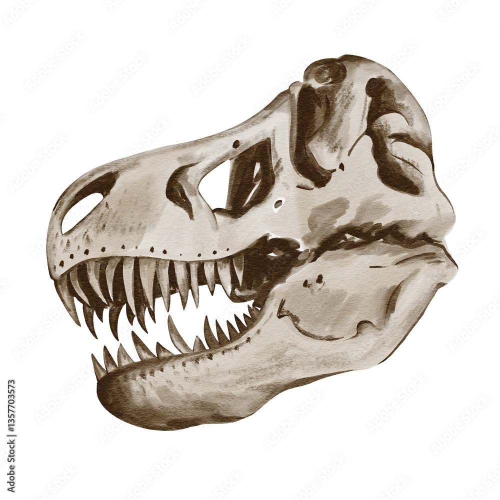 Naklejka premium Theranosaurus head. Dinosaur skeleton. Skull with teeth. Prehistoric fossil. Watercolor illustration without background. Monochrome illustration. Jurassic era.