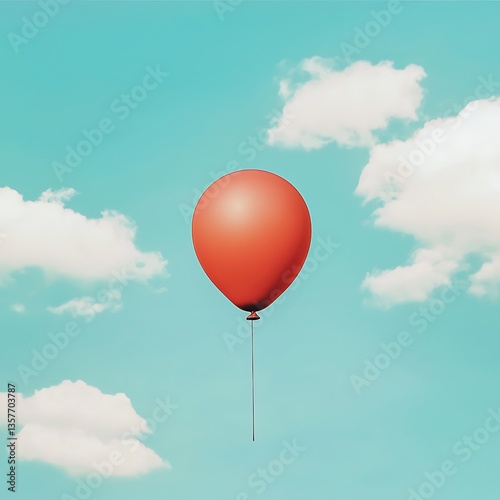 Red Balloon Ascending for Sky, Clouds.