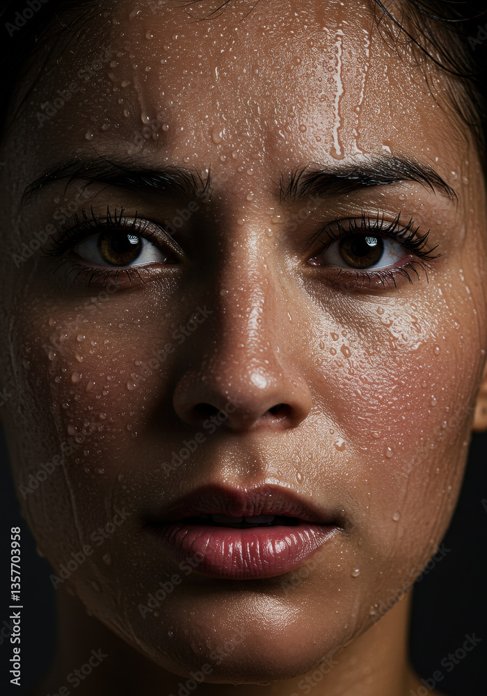 Close-Up Portrait of a Woman with Wet Skin and Water Droplets Close-Up Portrait of a Woman with Wet Skin and Water Droplets