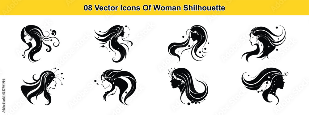Eight elegant black silhouettes of women with flowing hair, each design a unique artistic expression of feminine grace and ethereal beauty, presented in a simple, bold style. Eight elegant black silhouettes of women with flowing hair, each design a unique artistic expression of feminine grace and ethereal beauty, presented in a simple, bold style.