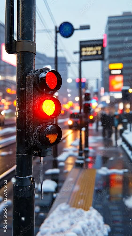 Red traffic light in a snowy urban setting with blurred cars and pedestrians in the background