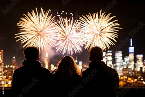 Spectators admiring a spectacular fireworks display from a rooftop vantage point