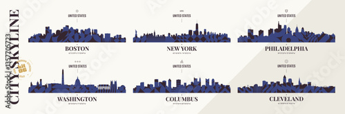 City skyline silhouettes Boston, New York, Philadelphia, Washington, Columbus, Cleveland, Panoramas of the USA cityscape horizon with abstract brutalism geometric pattern, urban landscape, kit 6