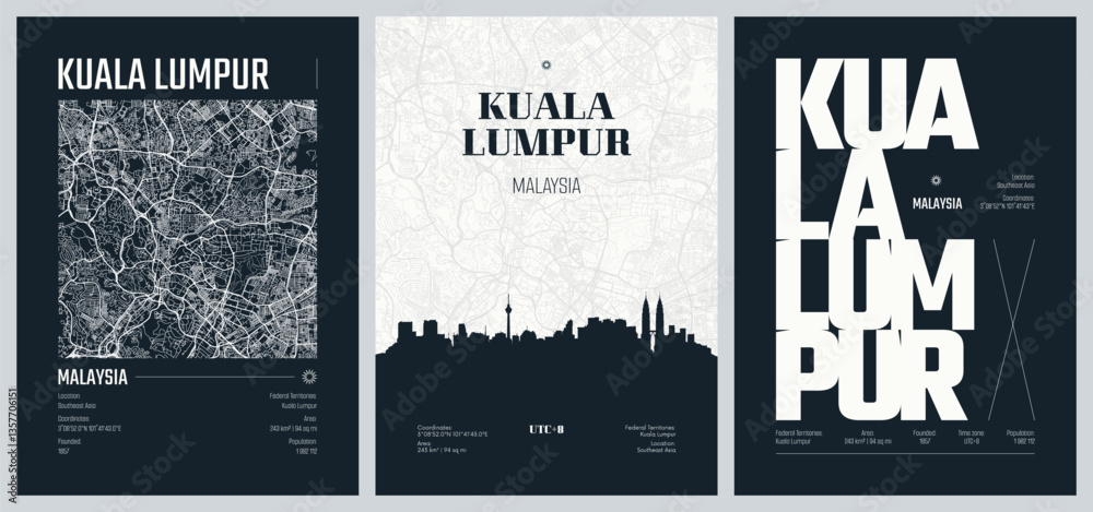 Obraz premium Set of travel posters with Kuala Lumpur, detailed urban street plan city map, Silhouette city skyline, vector artwork, set 2