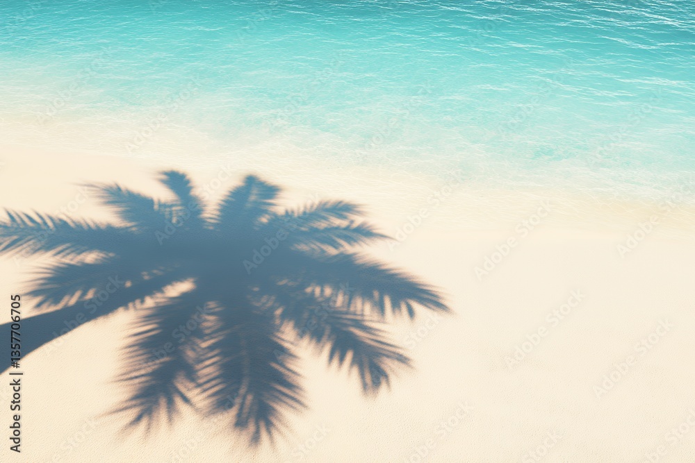 Fototapeta premium Palm tree shadow on pristine beach with turquoise sea and golden sand