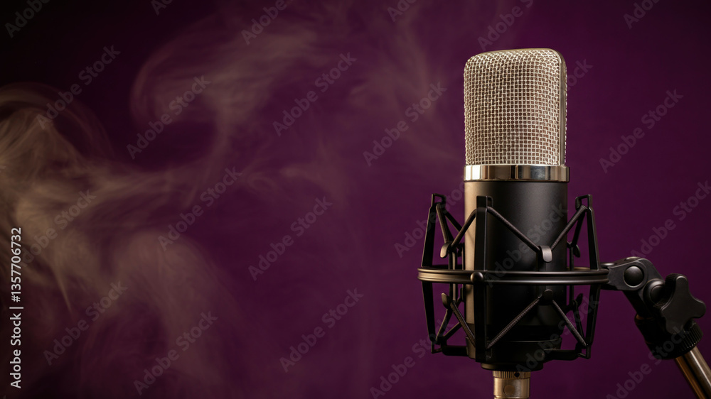 High-quality microphone in a studio setting with purple background and smoke effects Generative AI High-quality microphone in a studio setting with purple background and smoke effects Generative AI