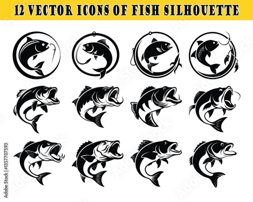 Twelve bold fish silhouettes, a striking collection of leaping and hooked fish icons, perfect for anglers and fishing enthusiasts.