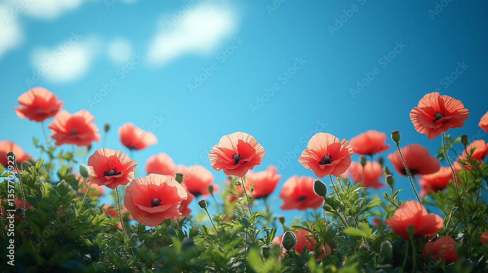 Obraz premium Bright red poppies dance under a vast blue sky on a warm sunny day, creating a vibrant tapestry of nature's beauty