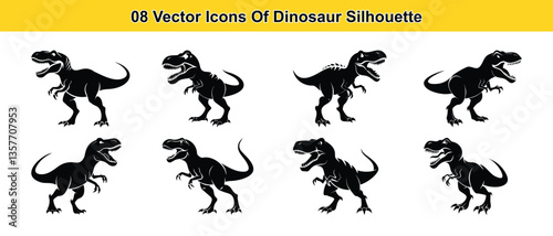 A fierce T-Rex dinosaur silhouette collection showcasing powerful poses in various dynamic stances, presented as simple black vector icons.
