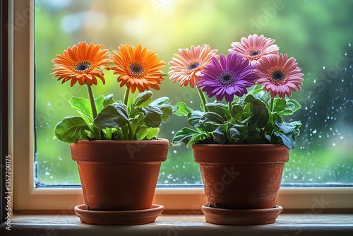 Wallpaper Mural Colorful gerbera daisies in clay pots on rainy window sill Torontodigital.ca