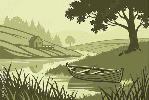 33 Serene landscape, lone wooden boat, tranquil water, lush green rolling hills, distant rustic cabin, ethereal atmosphere, minimalist composition, muted colors, dreamlike scenery, reflective surface,