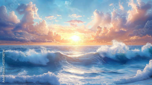 Daring dolphins dance in the summer sea as the sun rises, painting the sky with vibrant hues of orange and pink along the horizon