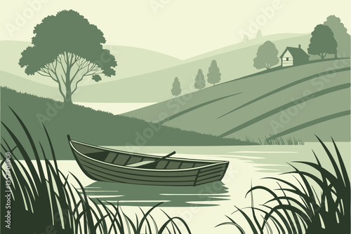 33 Serene landscape, lone wooden boat, tranquil water, lush green rolling hills, distant rustic cabin, ethereal atmosphere, minimalist composition, muted colors, dreamlike scenery, reflective surface,