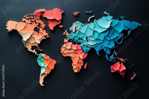 Colorful abstract world map with textured continent shapes on dark background