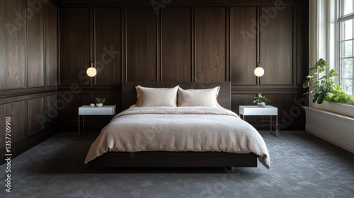 Wallpaper Mural A minimalist bedroom with dark wooden paneling, creating a warm, inviting backdrop Torontodigital.ca