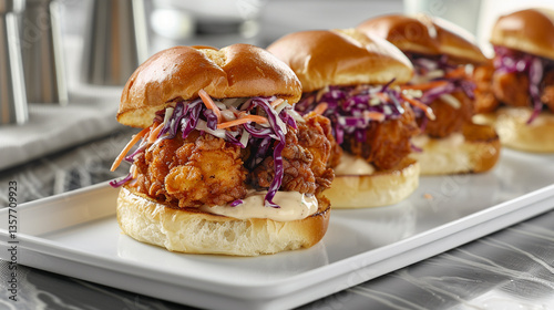 Fried chicken slider with spicy mayo and slaw, bold flavor layers perfect for gourmet comfort food campaigns and handheld food visuals