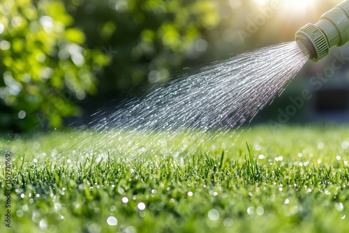 Sunlit garden hose watering vibrant green lawn in summer morning photo