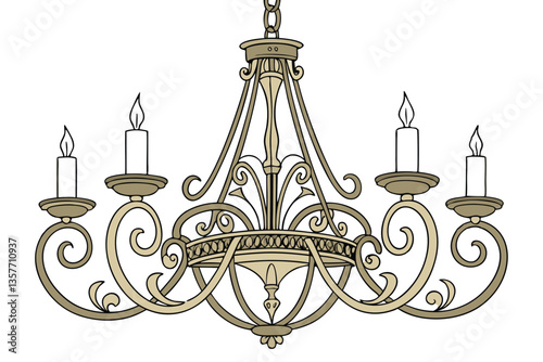 34 Ornate antique brass chandelier, intricate baroque design, eight-arm candelabra, elaborate metalwork, scrolling details, patina finish, white candles, symmetrical composition, luxurious lighting fi